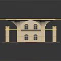 Cartoon Scene of Arched Hall With Red Carpet Golden Decorations and Windows