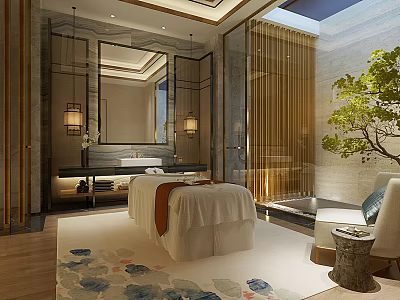 Luxury SPA Sauna Interior With Massage Bed Mirror Hanging Lamp Sofa And Plant 3d model
