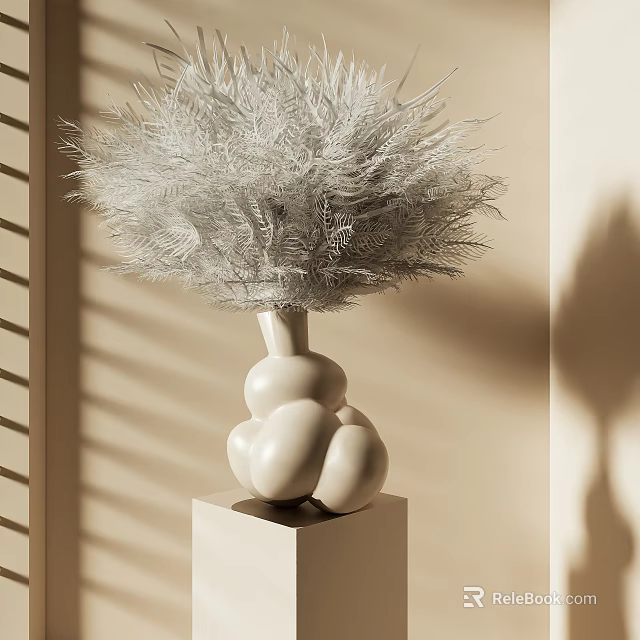 White Feathery Plants in White Stacked Spherical Vase with Window Blind Shadows on Cubic Base 3d model 