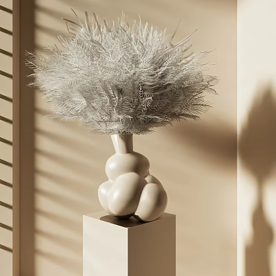 White Feathery Plants in White Stacked Spherical Vase with Window Blind Shadows on Cubic Base 3d model