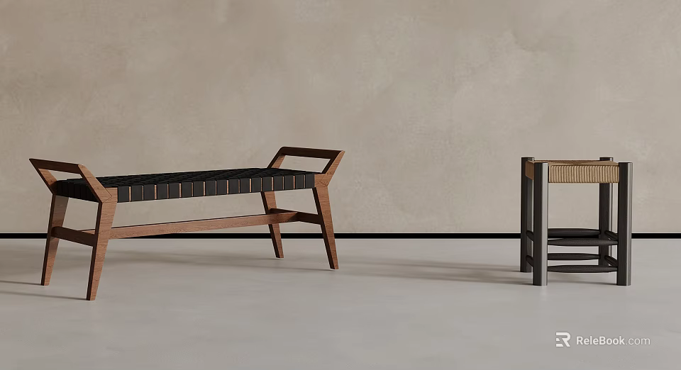 Stylish Wooden Bench With Black Cushion And Metal Chair In Minimalist Interior 3d model 