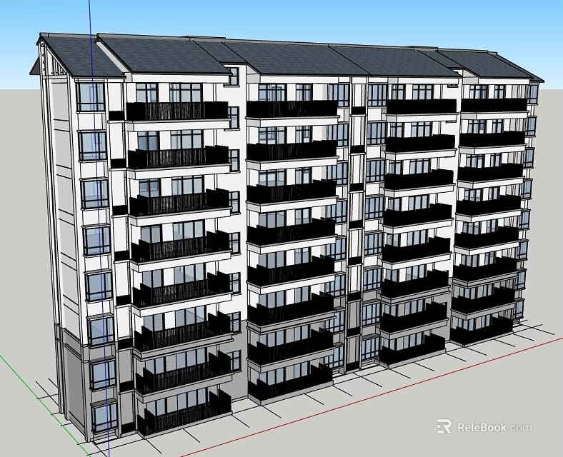 Modern Multi Story Apartment Building Exterior With Balconies Dark Roof And Uniform Windows 3d model 