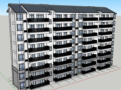 Modern Multi Story Apartment Building Exterior With Balconies Dark Roof And Uniform Windows 3d model