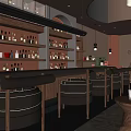 Modern Café Interior With Wooden Bar Counter Wine Bottles Black Leather Chairs And Hanging Lights