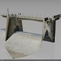 Water Dam Spillway Structure With Concrete Piers Sloped Ramp And Metal Railings