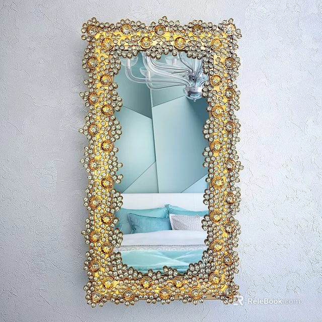 Ornate Golden Mirror With Crystal Beaded Frame Reflecting Bedroom Interior And Soft Pillows 3d model 