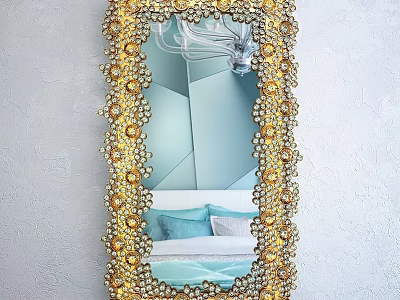Ornate Golden Mirror With Crystal Beaded Frame Reflecting Bedroom Interior And Soft Pillows 3d model
