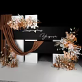 Elegant Wedding Decoration With Black Backdrop Brown Drapery And Floral Arrangements On Marble Floor