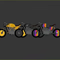 Three Custom Motorcycles With Yellow Black Colorful Designs Leather Seats And Reflections