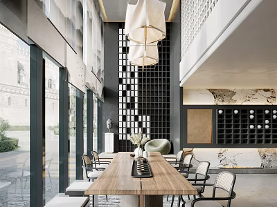 Elegant Tea Room Interior Design With Long Wooden Table And Pendant Lights 3d model