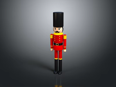 Classic Nutcracker Doll With Red Uniform Black Tall Hat Yellow Accents and Black Boots 3d model