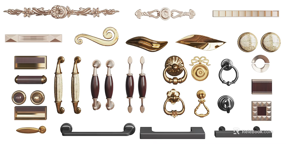 Diverse Decorative Door Handles In Modern Vintage Styles With Brass Wooden Metal Materials 3d model 