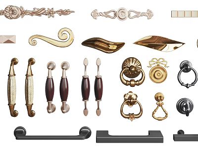 Diverse Decorative Door Handles In Modern Vintage Styles With Brass Wooden Metal Materials 3d model