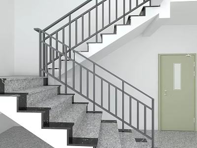 Modern Staircase With Gray Railings Steps And Green Door In White Interior 3d model