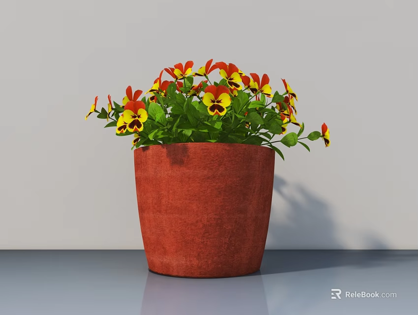 Beautiful Potted Plant With Yellow Red Flowers Green Leaves In Red Pot On Light Tabletop 3d model 