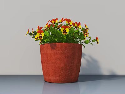 Beautiful Potted Plant With Yellow Red Flowers Green Leaves In Red Pot On Light Tabletop 3d model