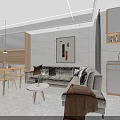 Modern Bright Living And Dining Space With Cozy Sofa Natural Wood Furniture And Decorative Green Plants