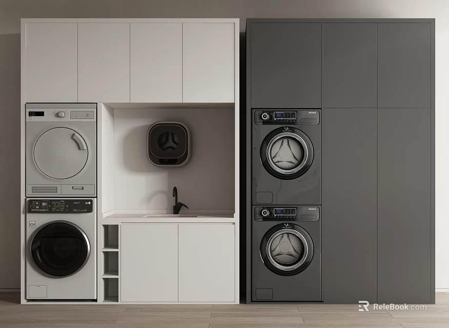 Modern Bathroom Cabinetry With Washer Dryer Storage In White And Gray Design 3d model 