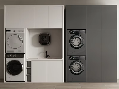 Modern Bathroom Cabinetry With Washer Dryer Storage In White And Gray Design 3d model