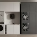 Modern Bathroom Cabinetry With Washer Dryer Storage In White And Gray Design