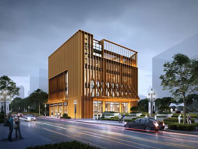 Modern Hotel Building With Wooden Facade Glass Windows Urban Street Trees And Vehicles 3d model