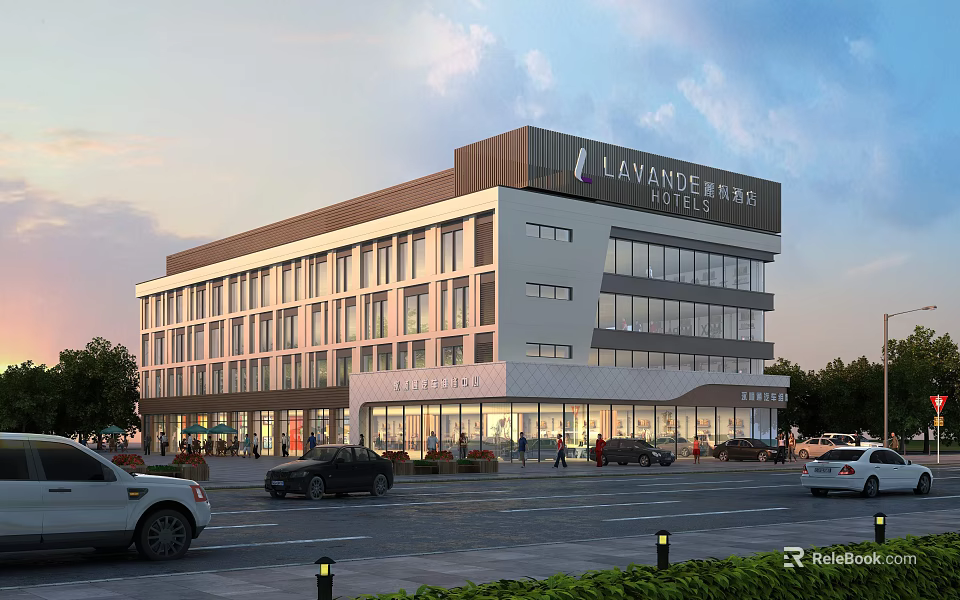 Modern Office Building With Glass Facade And Lavande Hotel Signage In Urban Area 3d model 