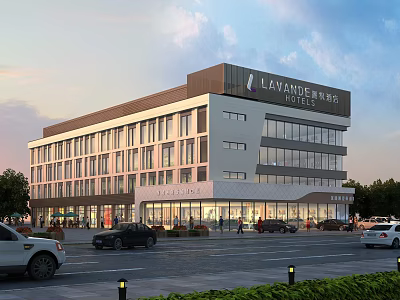 Modern Office Building With Glass Facade And Lavande Hotel Signage In Urban Area 3d model