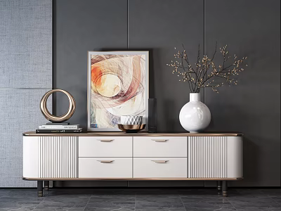 Modern TV Stand With White Cabinet Drawers Metallic Accents Abstract Painting Vase And Gray Wall 3d model