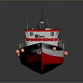 Red and White Boat With Upper Cabin Deck Railings and Winch Equipment