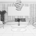 Modern Red Sofa and Coffee Table Set with Patterned Rug and Wall Art 3d model