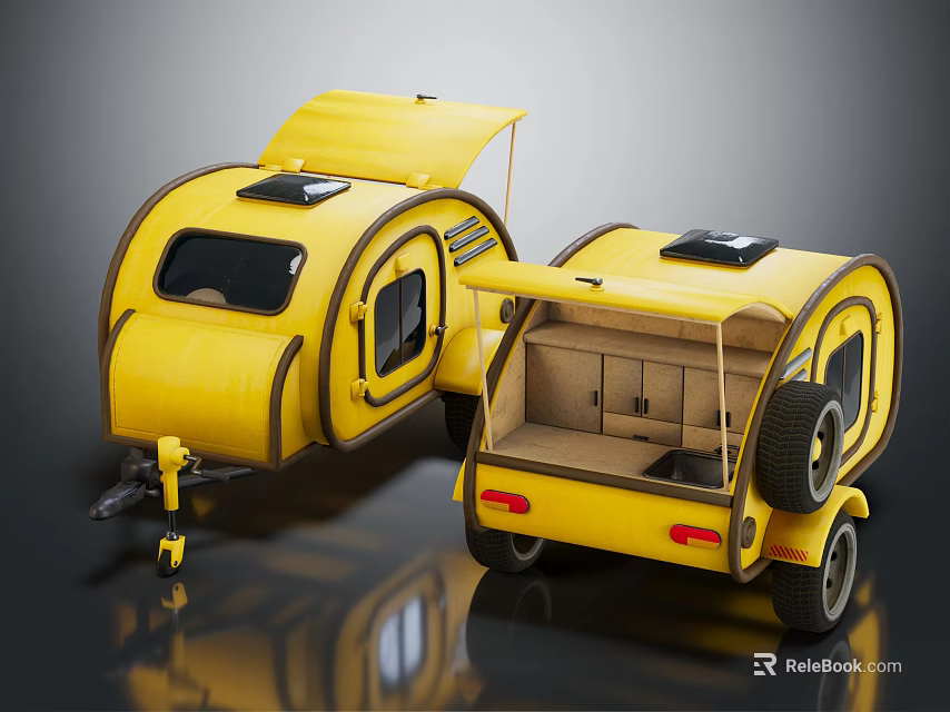 Yellow Camper Trailers With Solar Panels Open Rear Door And Interior View 3d model 