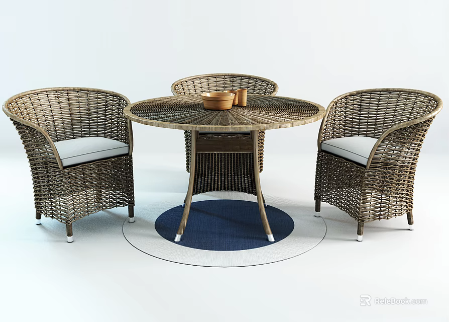Round Wicker Outdoor Table with Three White Cushioned Chairs and Small Bowl 3d model 