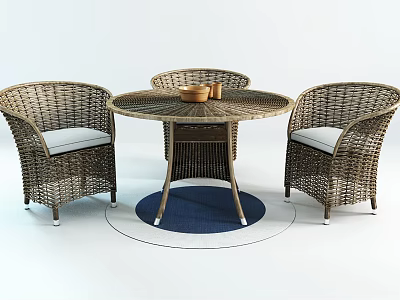 Round Wicker Outdoor Table with Three White Cushioned Chairs and Small Bowl 3d model