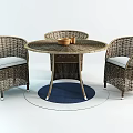 Round Wicker Outdoor Table with Three White Cushioned Chairs and Small Bowl