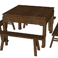 Square Wooden Dining Table Set With Matching Benches For Kitchen Area 3d model
