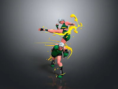 Two Dynamic Characters In Green Outfits Performing Fighting Action With Yellow Energy Effects 3d model