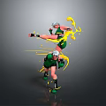 Two Dynamic Characters In Green Outfits Performing Fighting Action With Yellow Energy Effects