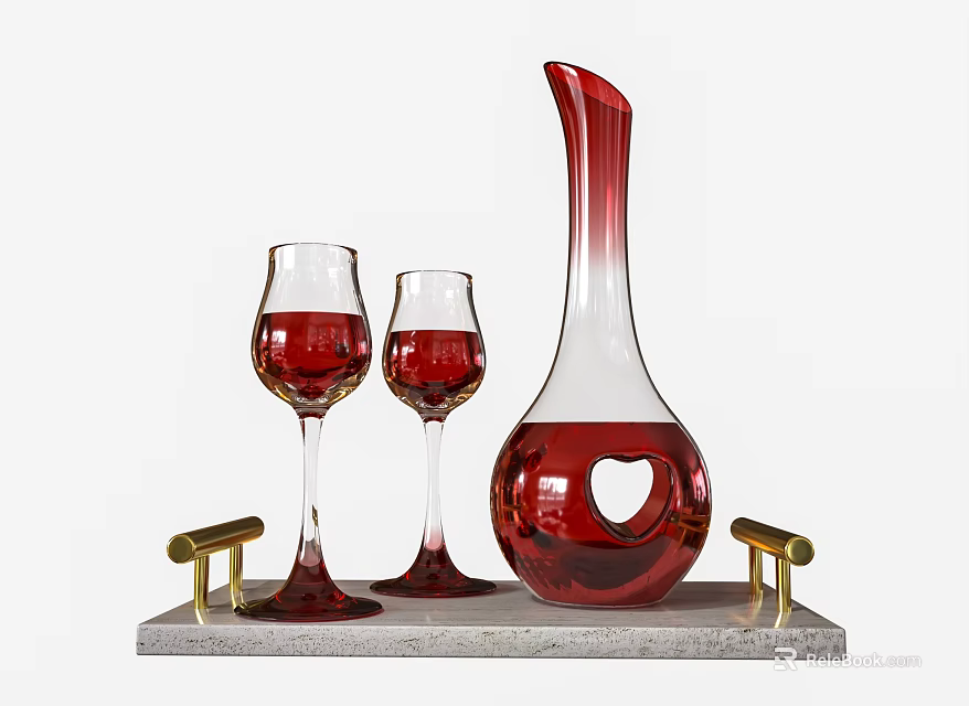 Elegant Red Wine Decanter And Goblets On Tray 3d model
