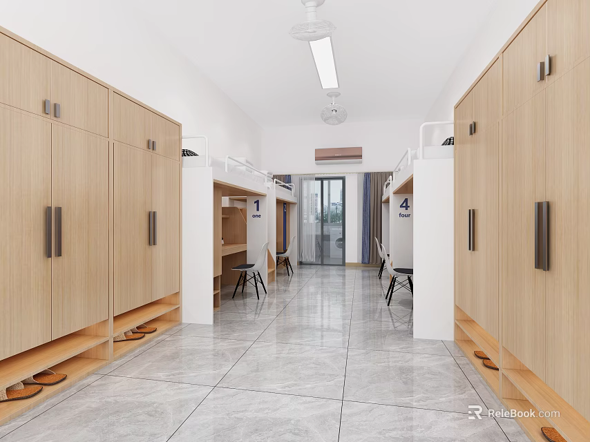 Dormitory Living Space With Wooden Lockers Bunk Beds And Shiny Tile Floor Corridor 3d model 