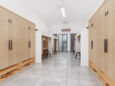 Dormitory Living Space With Wooden Lockers Bunk Beds And Shiny Tile Floor Corridor 3d model