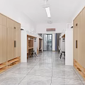 Dormitory Living Space With Wooden Lockers Bunk Beds And Shiny Tile Floor Corridor