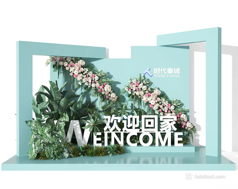 Elegant Welcome Home Decoration With Flowers Green Plants And Light Blue Structure 3d model 