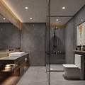 Modern Hotel Bathroom Interior With Gray Tile Walls Large Mirror Open Shower And White Toilet