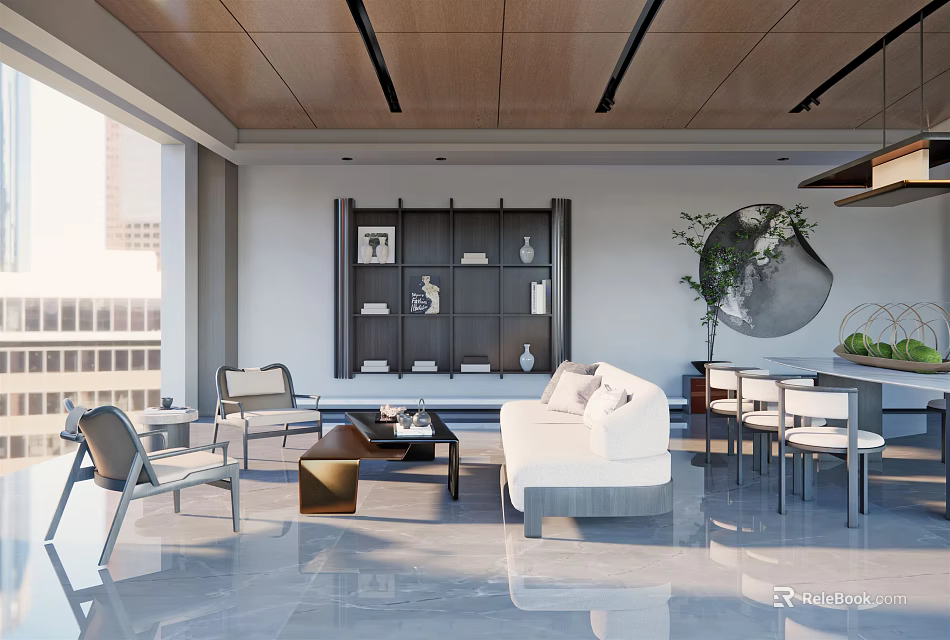 Modern Living Dining Room Interior With Wooden Ceiling Black Linear Lights And White Sofa 3d model 