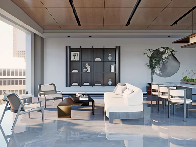 Modern Living Dining Room Interior With Wooden Ceiling Black Linear Lights And White Sofa 3d model