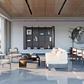 Modern Living Dining Room Interior With Wooden Ceiling Black Linear Lights And White Sofa