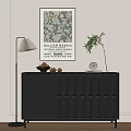 Modern Black Entryway Cabinet With Green Plant Decorative Items Floor Lamp And Wall Art