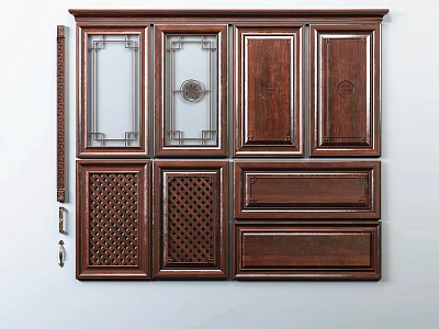 Chinese Style Wooden Cabinet Components With Carved Panels And Glass Doors 3d model