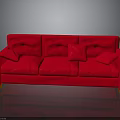 Red Three-Seat Sofa With Cushions Wooden Legs Gray Background And Reflective Floor
