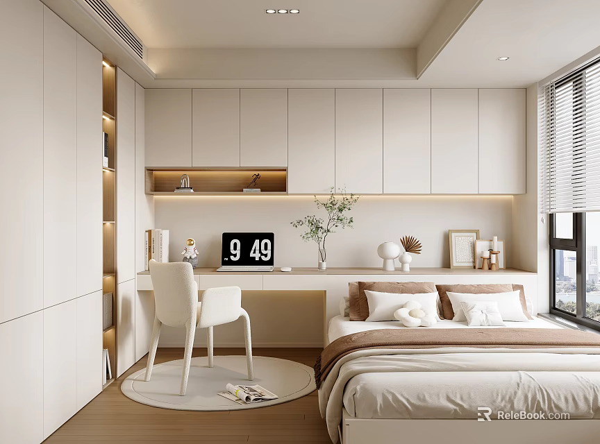Modern Tatami Bedroom Interior With White Cabinets Desk Chair Round Rug And Green Plant 3d model 